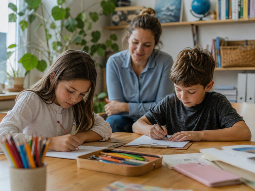 Kinder lernen selbstständig in einem hellen Raum mit pädagogischer Begleitung.