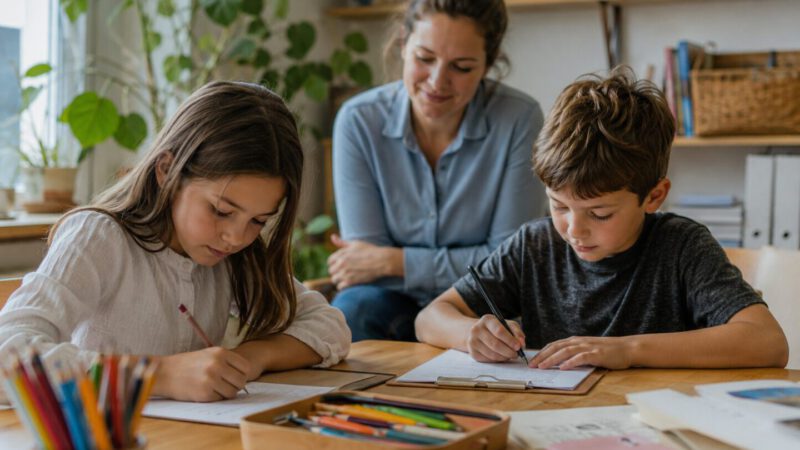 Kinder lernen selbstständig in einem hellen Raum mit pädagogischer Begleitung.